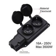 Cap prelungitor 2 prize Schuko cu capac cauciuc, 16A 250V max 3500W, protectie praf si umiditate
