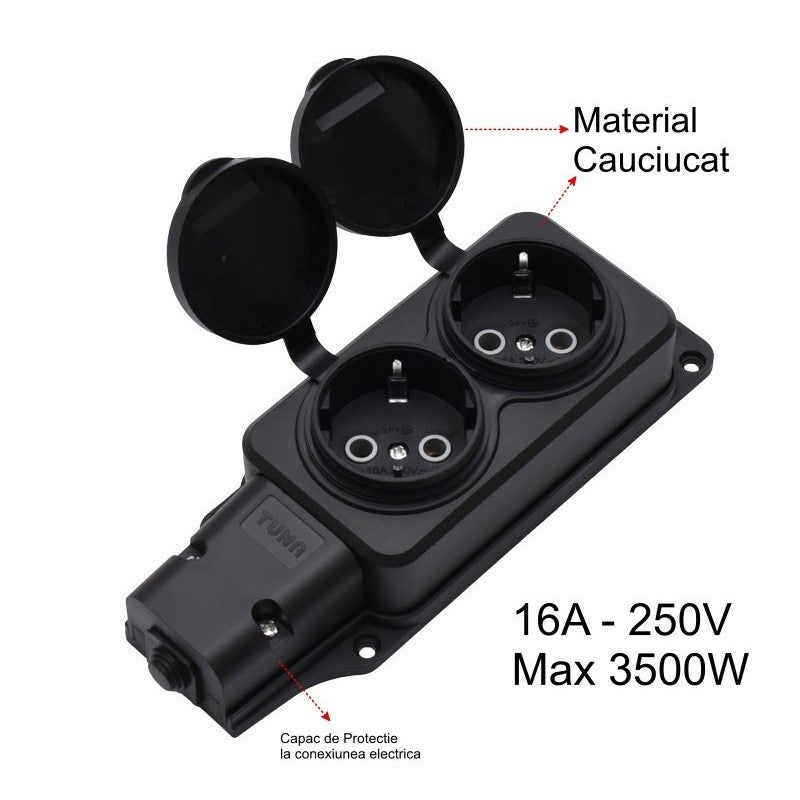 Cap prelungitor 2 prize Schuko cu capac cauciuc, 16A 250V max 3500W, protectie praf si umiditate