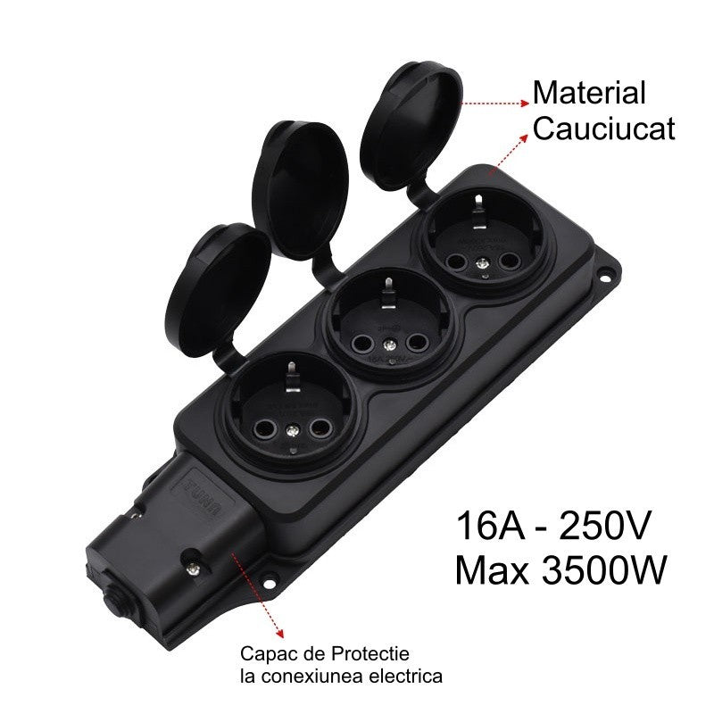 Cap prelungitor 3 prize Schuko cauciucat, 16A 250V max 3500W, capace protectoare individuale