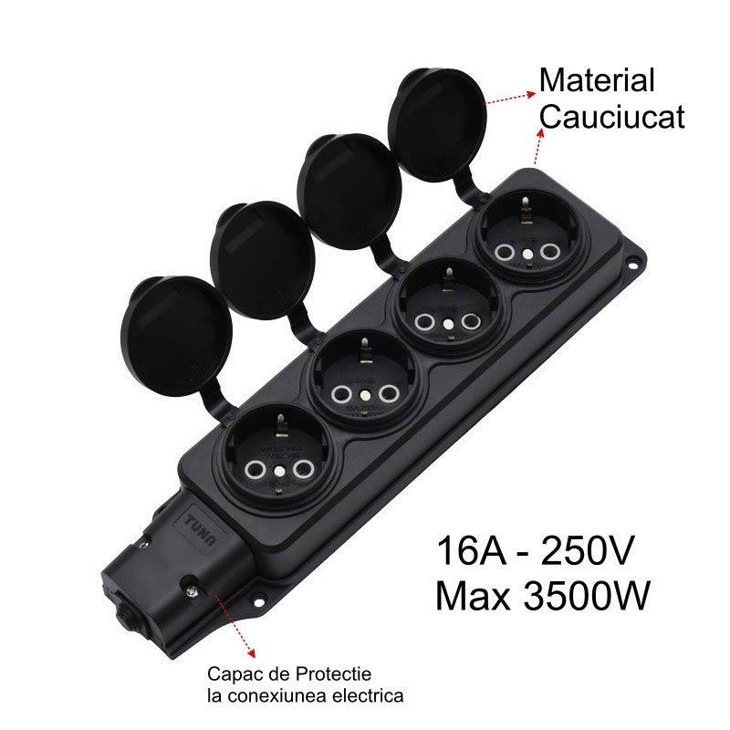 Cap prelungitor 4 prize Schuko cu capace cauciuc, 16A 250V max 3500W, pentru santier si exterior