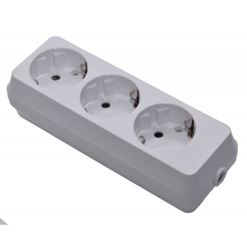 Cap prelungitor cu 3 prize Schuko impamantate, contacte ceramica, 15A, montaj pe cablu, carcasa ABS alba