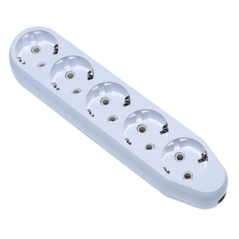 Cap prelungitor 5 prize Schuko cu contacte ceramice, 15A, obturatoare protectie copii, carcasa alba ABS ignifug
