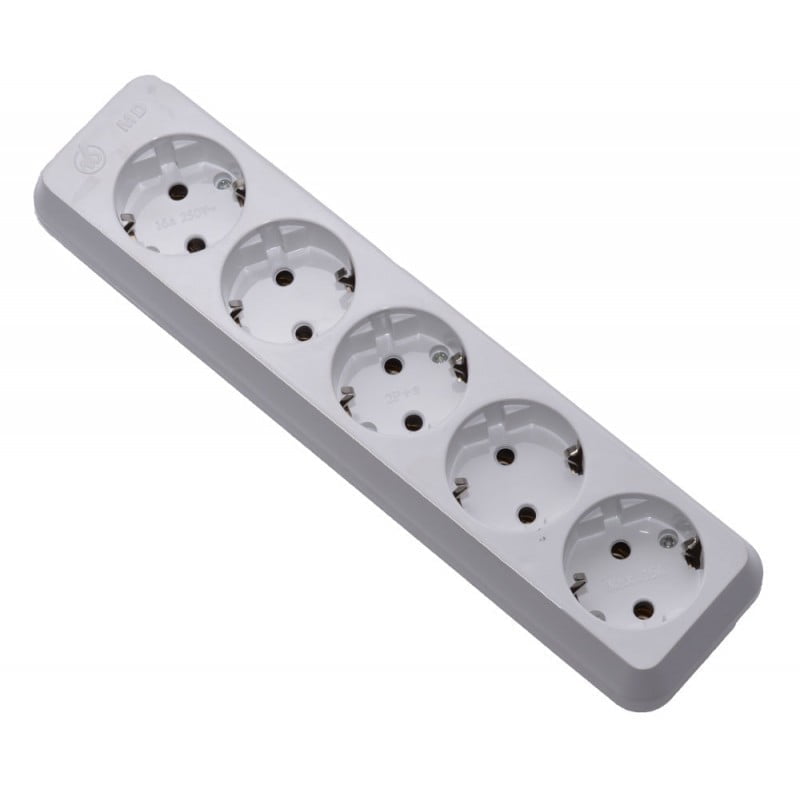 Cap prelungitor cu 5 prize Schuko cu ceramica, 16A, 250V, carcasa ABS alba, dispunere liniara