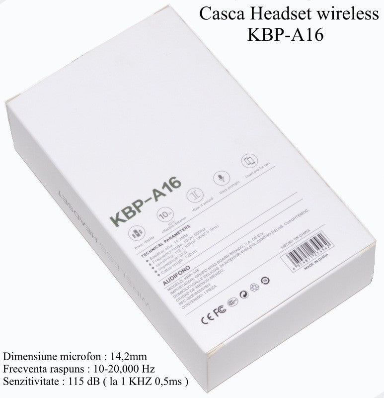 spatele cutiei casca wireless cu parametri tehnici: frecventa raspuns 10-20000 Hz, 115 dB