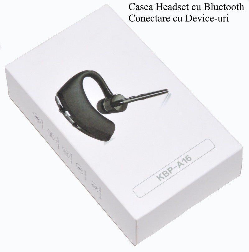 cutie produs casca Bluetooth wireless, conectare simultana doua dispozitive, vedere fata