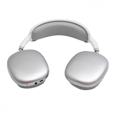 Casti wireless over-ear argintii cu banda mesh si cupe capitonate, vedere frontala