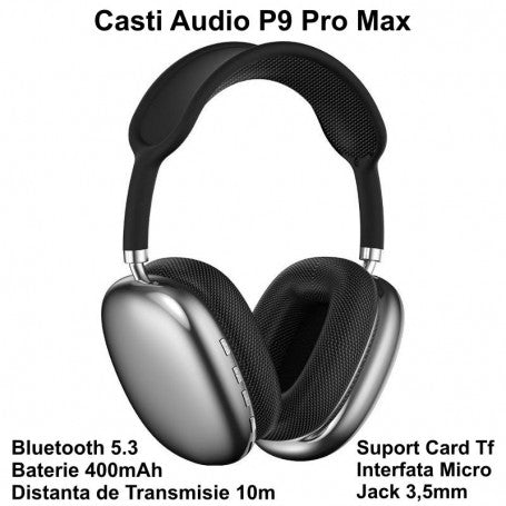 Casti audio over-ear Bluetooth 5.3, baterie 400mAh, distanta 10m, jack 3.5mm, suport card TF, culoare argintiu