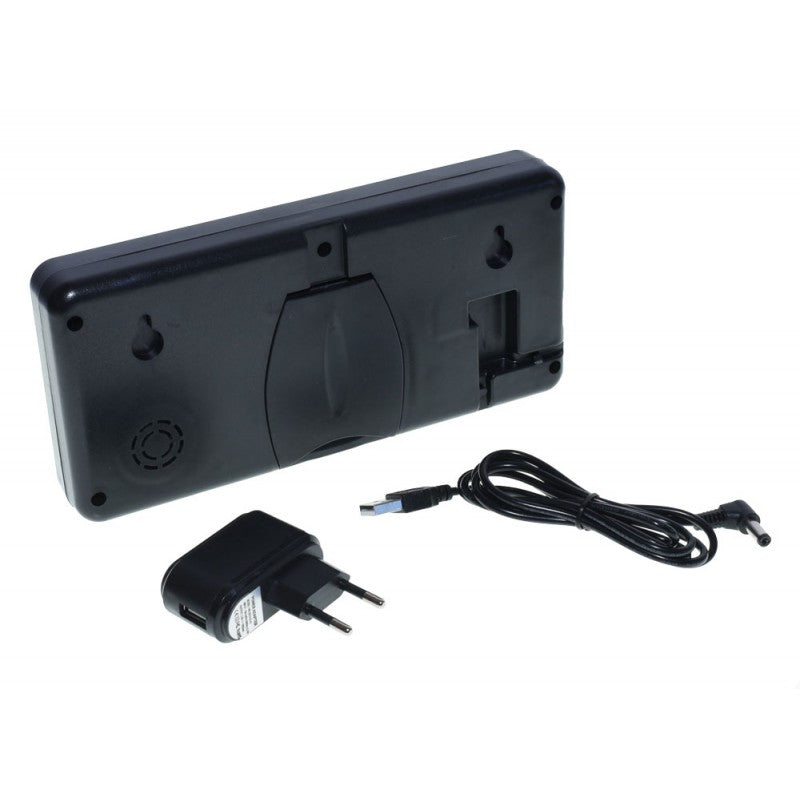 Spatele ceasului digital negru cu suport rabatabil, alimentator 5V si cablu USB incluse in pachet