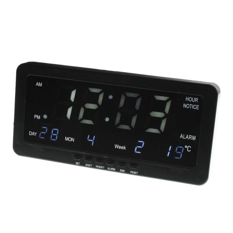 Ceas digital LED alb vazut frontal, afisaj ora mare, alarma si temperatura interioara pe acelasi ecran