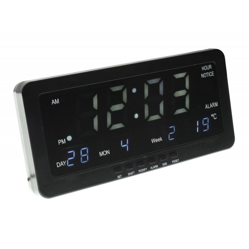 Ceas digital LED alb cu alarma, afisaj 28,8 cm, ora, data, temperatura, montaj perete sau birou