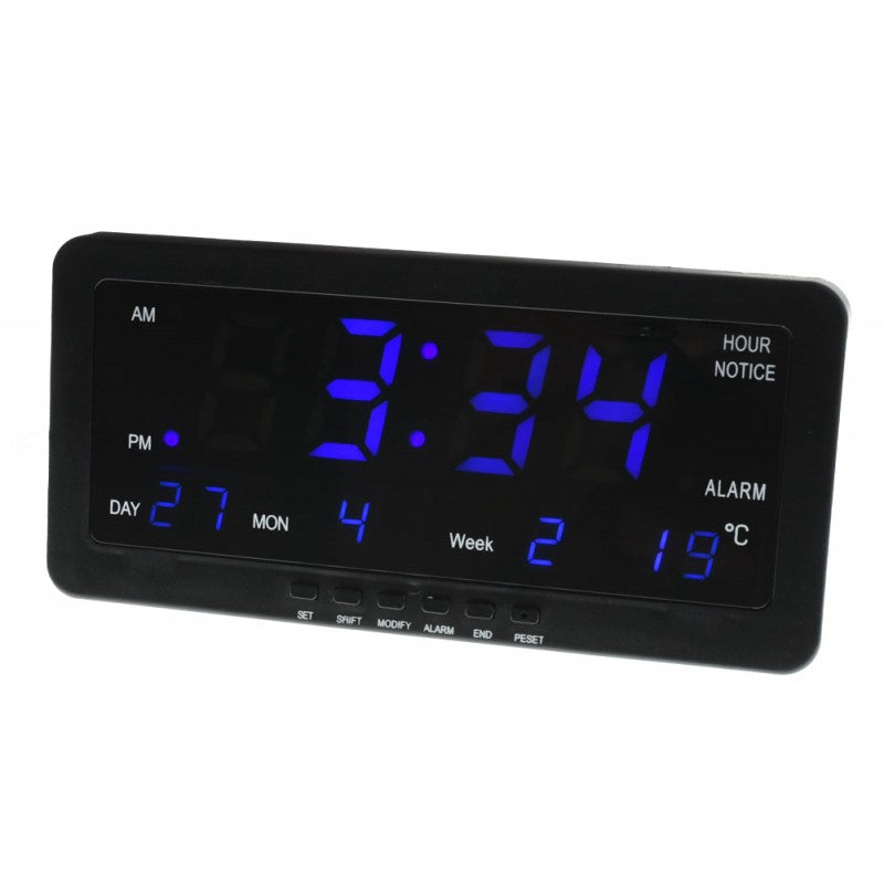 Ceas digital LED albastru vazut frontal, afisaj ora mare, alarma si temperatura in grade Celsius