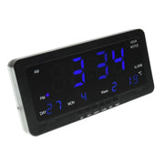 Ceas digital LED albastru cu alarma, afisaj ora, data, temperatura, display 28,8 cm, carcasa neagra