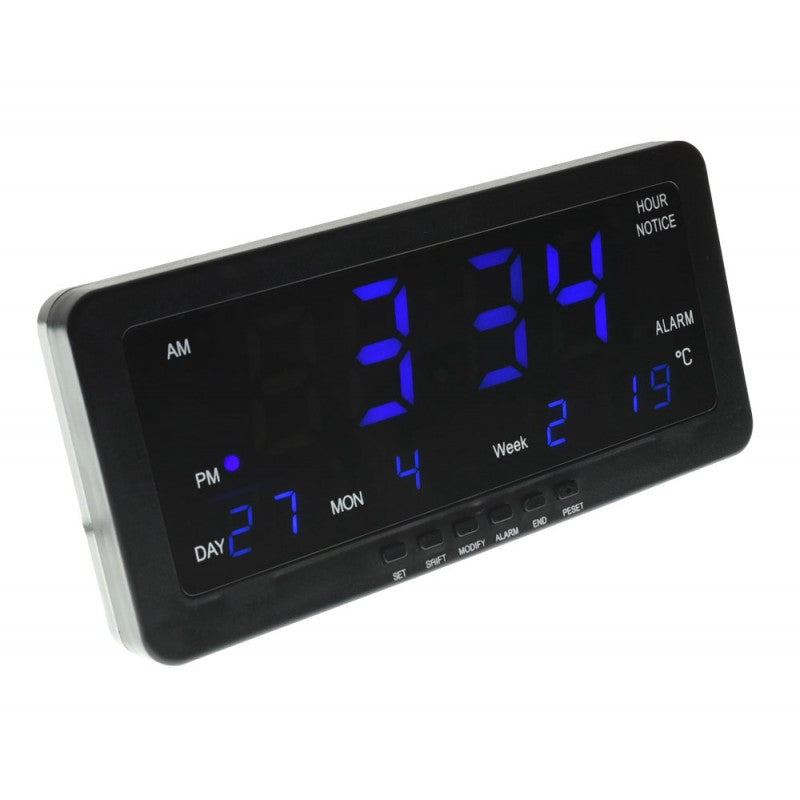Ceas digital LED albastru cu alarma, afisaj ora, data, temperatura, display 28,8 cm, carcasa neagra