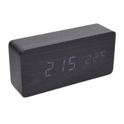 Ceas digital din lemn negru cu display LED alb, afisaj ora si temperatura, alimentare USB sau baterii AAA