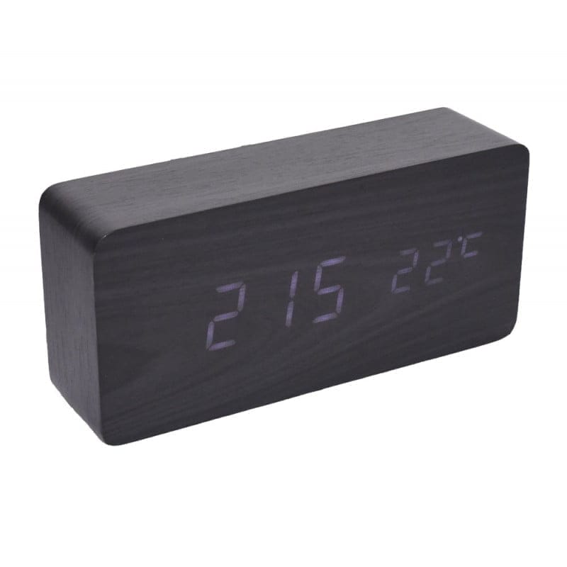 Ceas digital din lemn negru cu display LED alb, afisaj ora si temperatura, alimentare USB sau baterii AAA