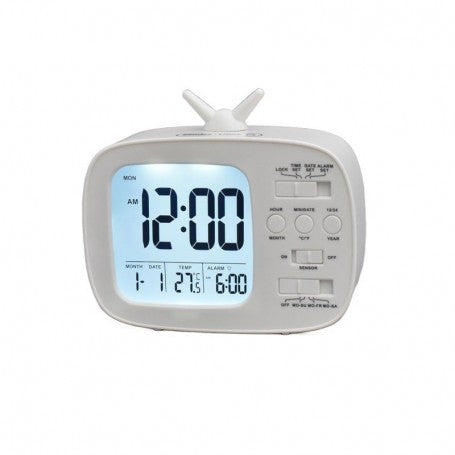 Ceas digital retro design TV, afisaj LCD cu iluminare automata, termometru integrat si 3 alarme, alimentare baterii AA