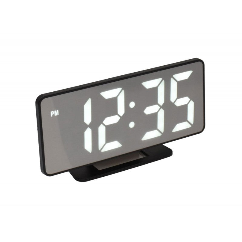 Ceas digital de camera cu display LED alb tip oglinda, alarma dubla, alimentare USB 5V, format 12/24H