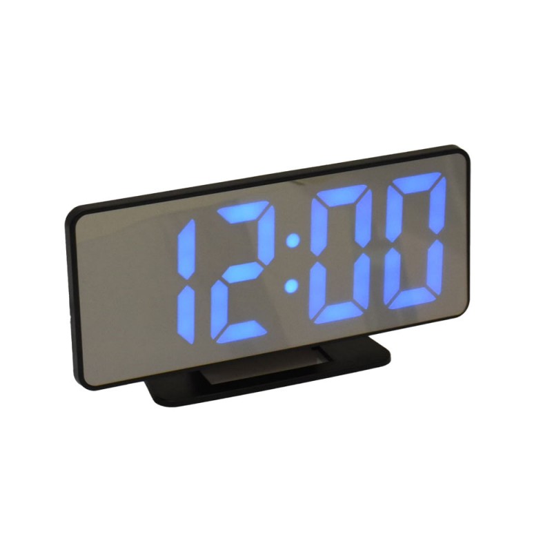 Ceas desteptator LED albastru cu display oglinda 18 cm, alarma dubla, alimentare USB DC 5V