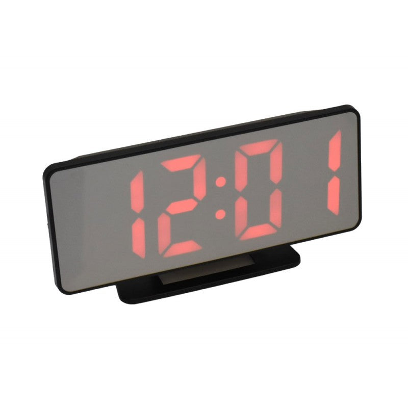Ceas digital LED rosu cu afisaj tip oglinda, alarma duala, alimentare USB 5V, dimensiuni 18x7.6 cm