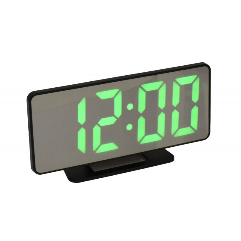 Ceas desteptator LED verde cu ecran tip oglinda, afisaj 12/24H, alimentare USB, dimensiuni 18x7,6 cm