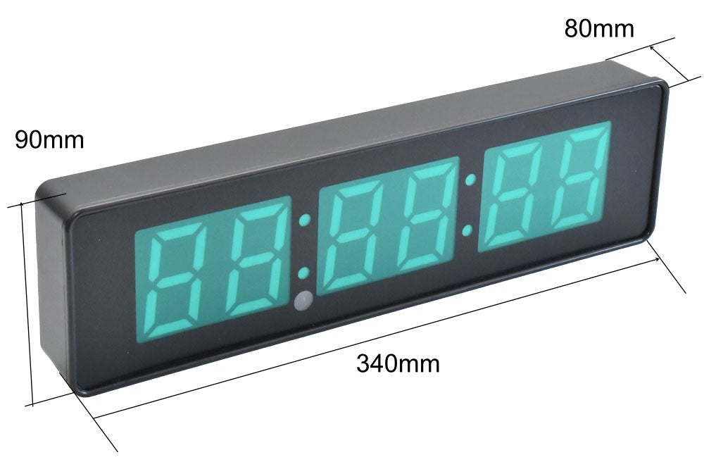 Ceas cronometru LED verde, vedere laterala cu cote 340x90x80mm si senzor IR frontal