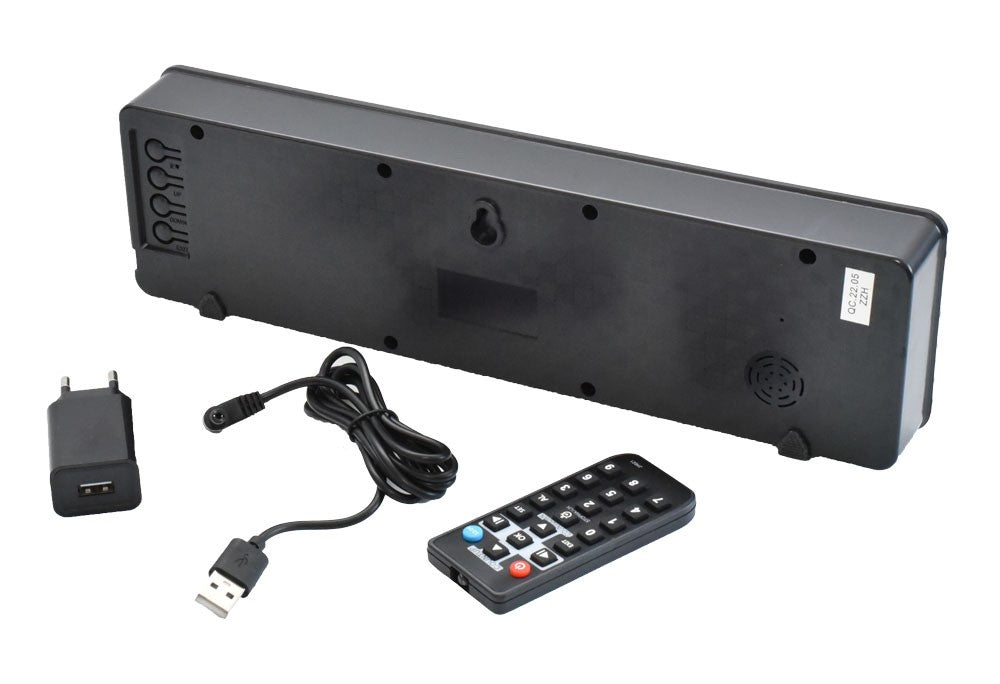 Ceas cronometru LED, partea posterioara cu suport perete, adaptor USB, telecomanda incluse