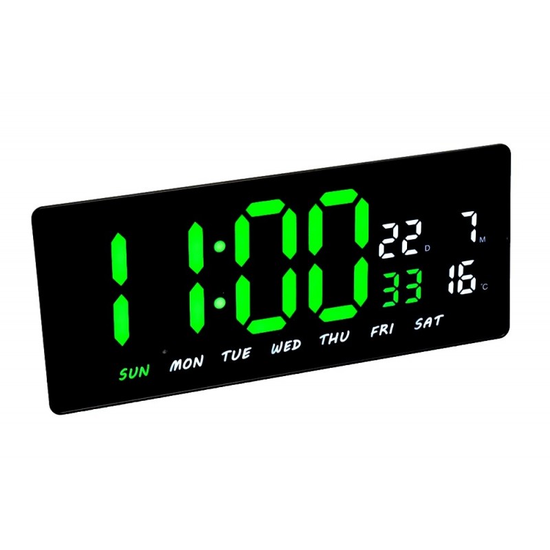 Ceas digital LED rectangular, vedere in unghi, cifre verzi mari si senzor temperatura