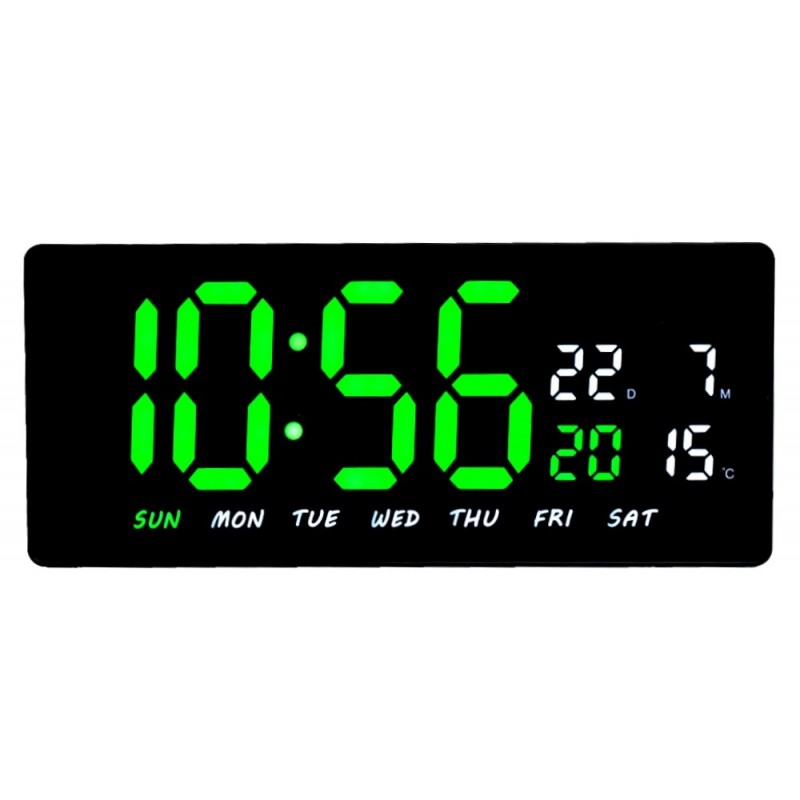 Ceas digital LED de perete cu afisaj verde-alb, ora, calendar, temperatura, alimentare 5V