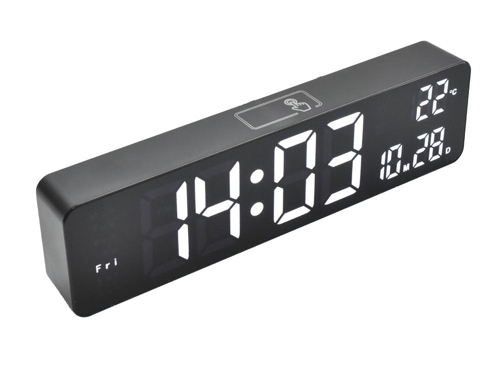 Ceas digital LED negru cu afisaj alb mare, ora, temperatura si data, control tactil, alimentare USB