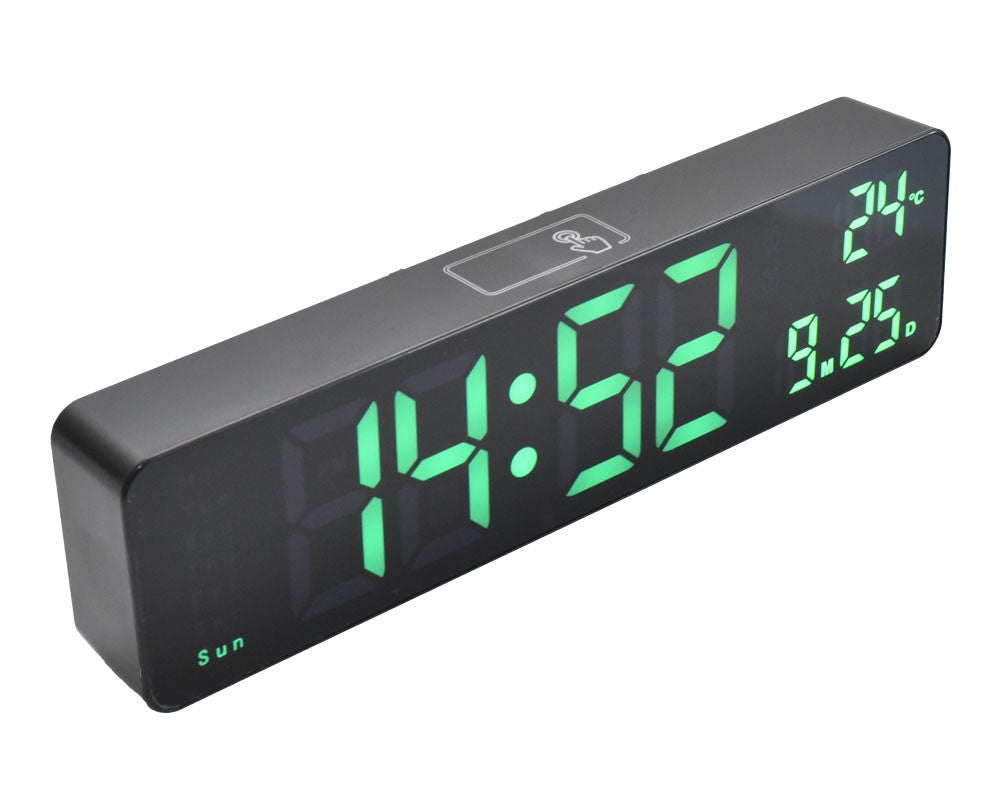 Ceas digital LED verde cu alarma dubla, termometru si afisaj ora 12/24, montaj masa sau perete, carcasa neagra