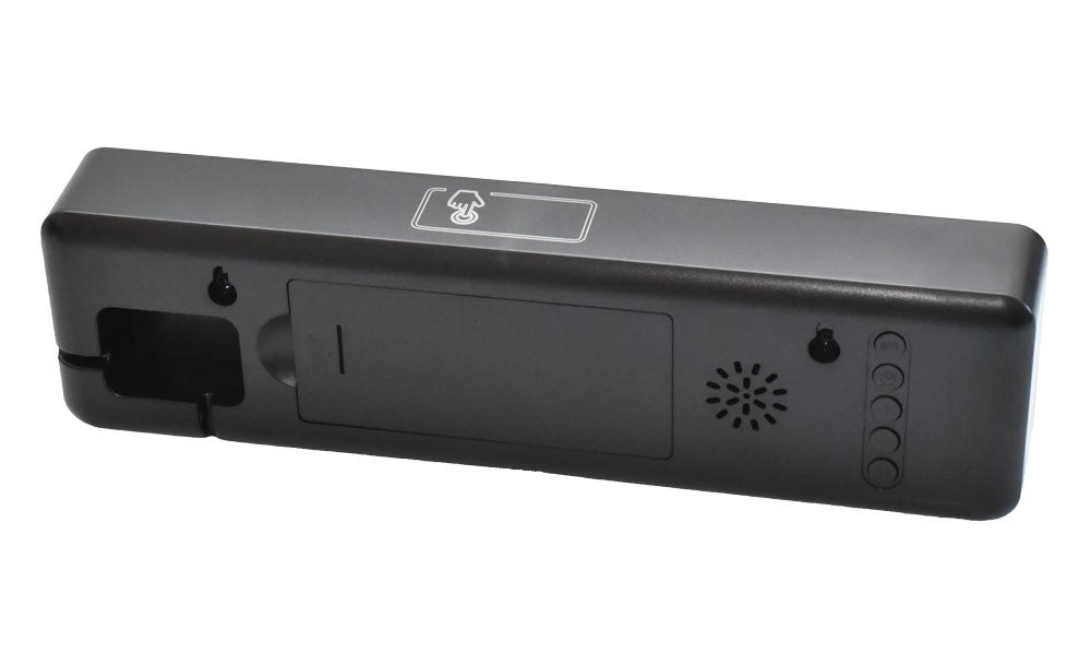 Ceas digital LED verde, vedere spate cu butoane de control, difuzor alarma si suport inclinat integrat