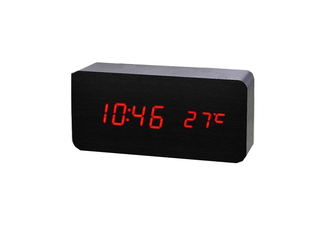 Ceas digital din lemn negru cu afisaj LED rosu, afiseaza ora si temperatura, alimentare USB sau baterii
