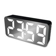 Ceas digital oglinda LED alb cu alarma, afisaj mare ora, alimentare USB sau baterii, design negru compact