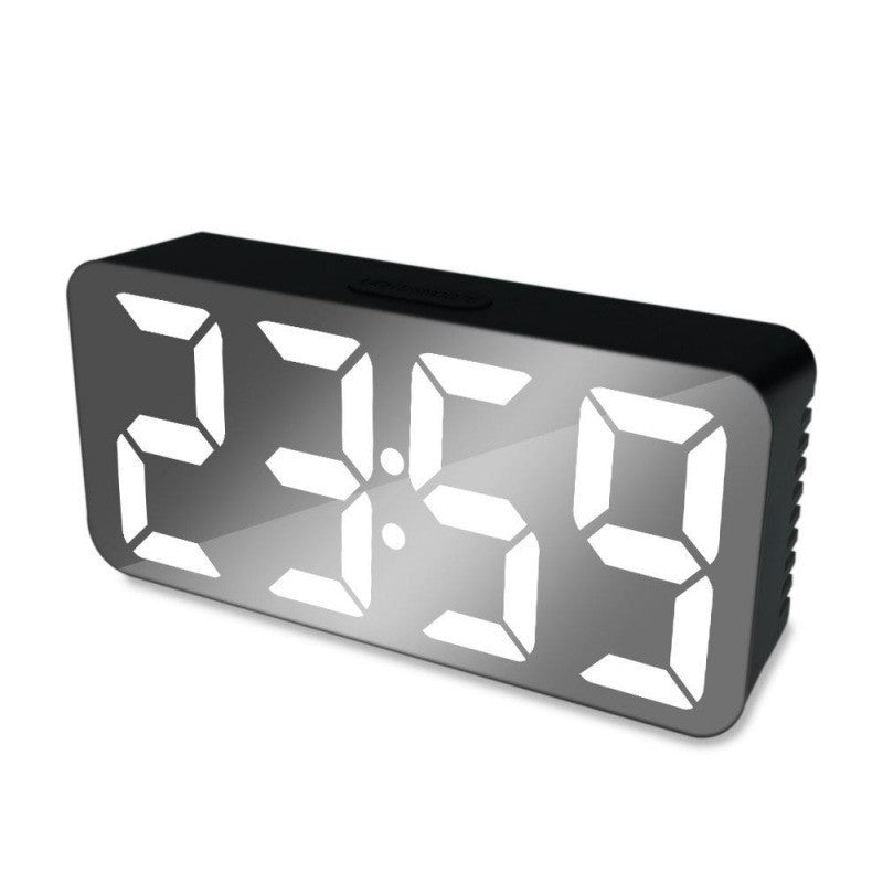 Ceas digital oglinda LED alb cu alarma, afisaj mare ora, alimentare USB sau baterii, design negru compact