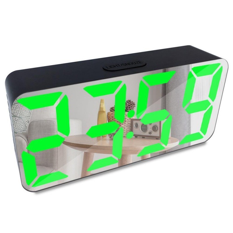 Ceas digital oglinda cu LED verde, alarma si termometru, alimentare USB sau baterii AAA