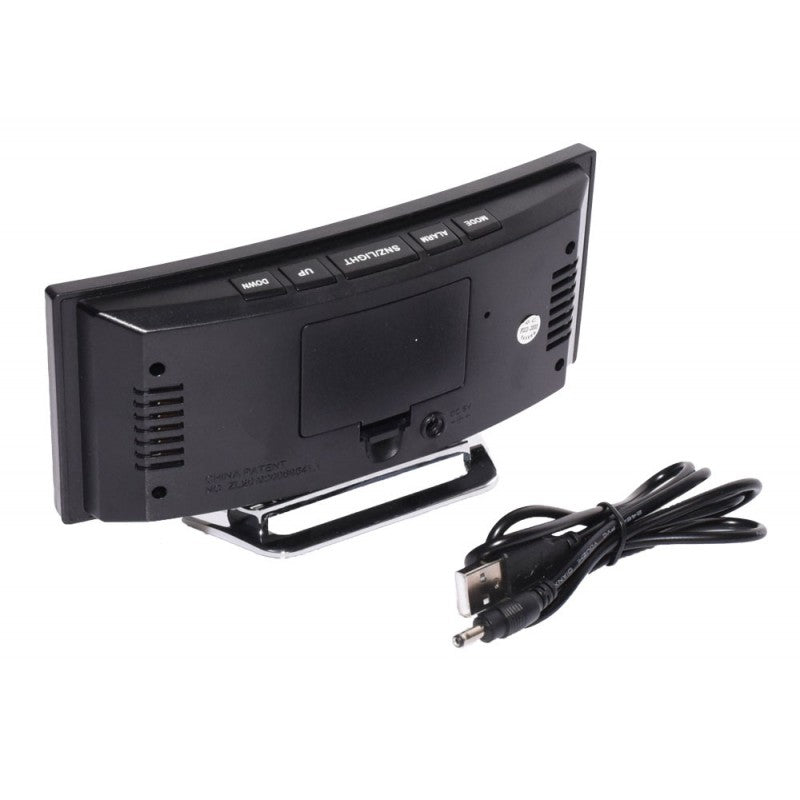 Ceas desteptator LED oglinda, vedere spate cu port USB si cablu de alimentare inclus