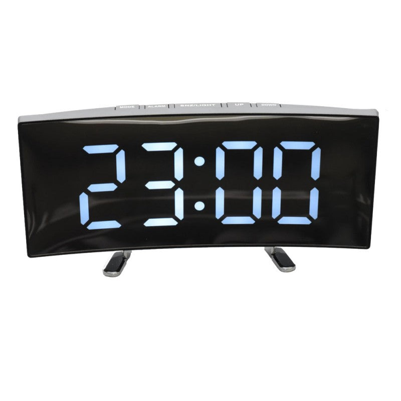 Ceas desteptator LED cu afisaj tip oglinda, cifre albe mari, alimentare USB sau baterii, design curbat negru