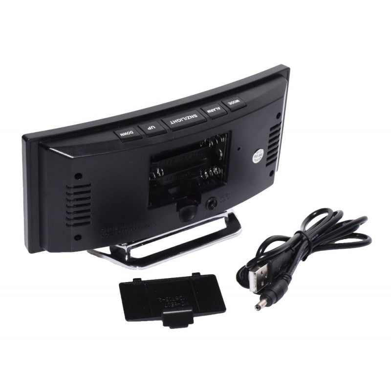 Ceas digital LED cu compartiment baterii AAA deschis, cablu USB si capac detasat