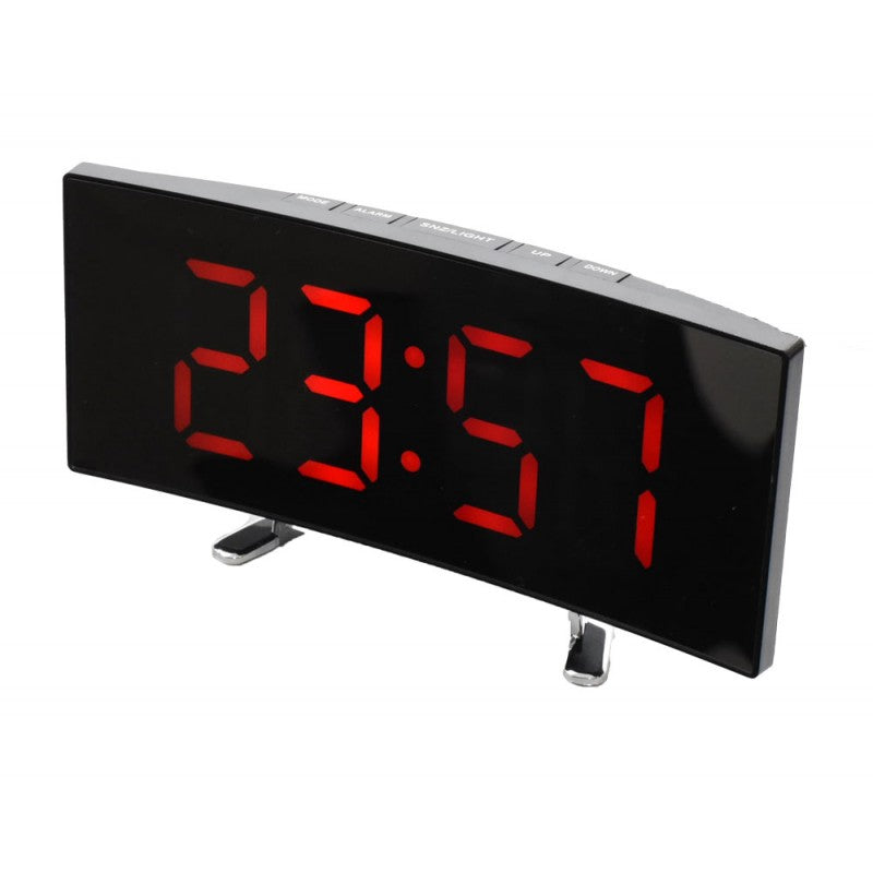 Ceas digital cu display oglinda curba si cifre LED rosii, vedere laterala dreapta