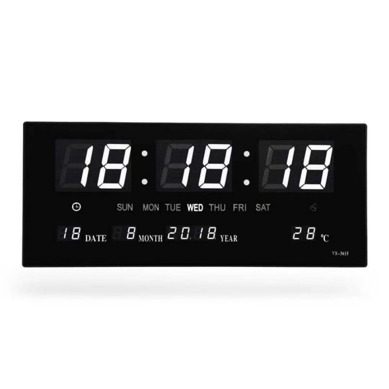 Ceas electronic LED alb de perete 36,2 cm, afisaj ora, data, zi saptamana si temperatura, alarma programabila