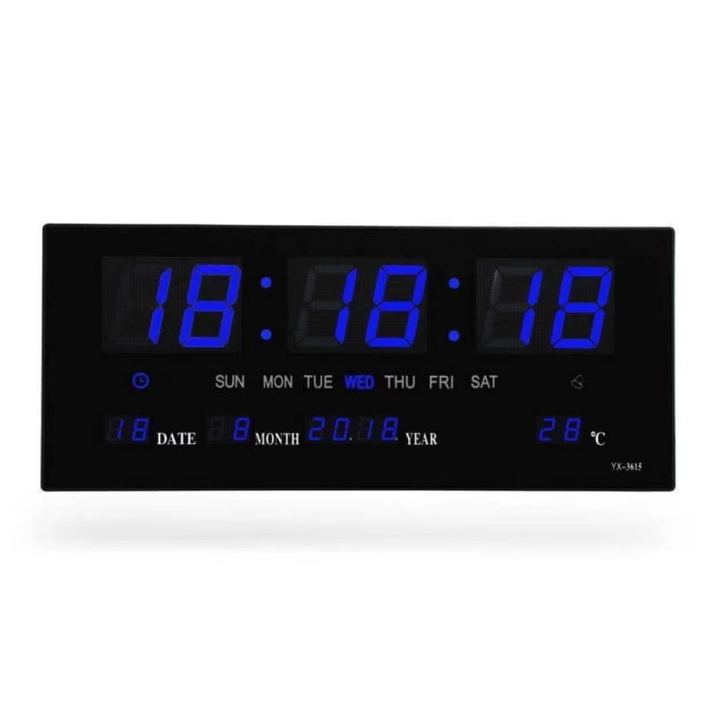 Ceas digital LED albastru de perete 36,2 cm, afisaj ora, data, temperatura, alarma integrata