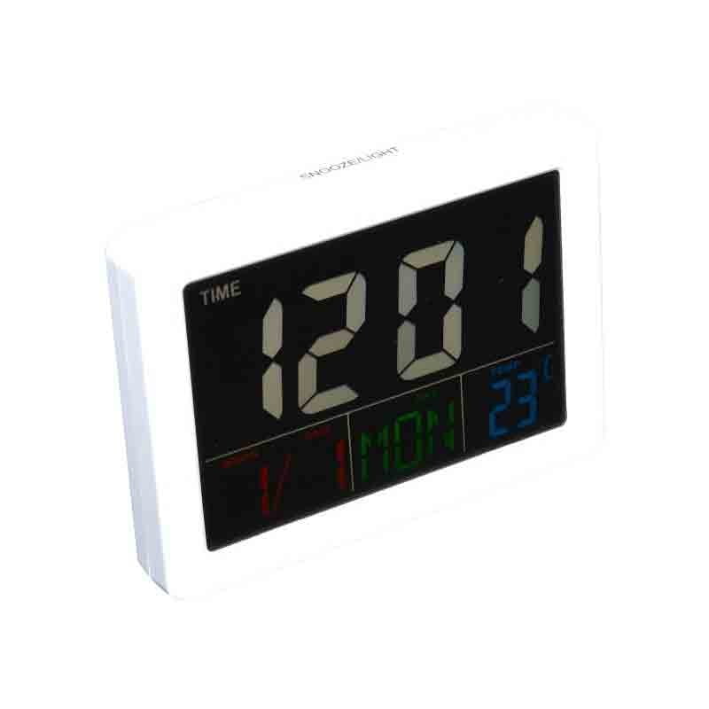Ceas electronic LCD multicolor cu alarma, afisaj ora, data si temperatura, design alb compact pentru birou sau dormitor