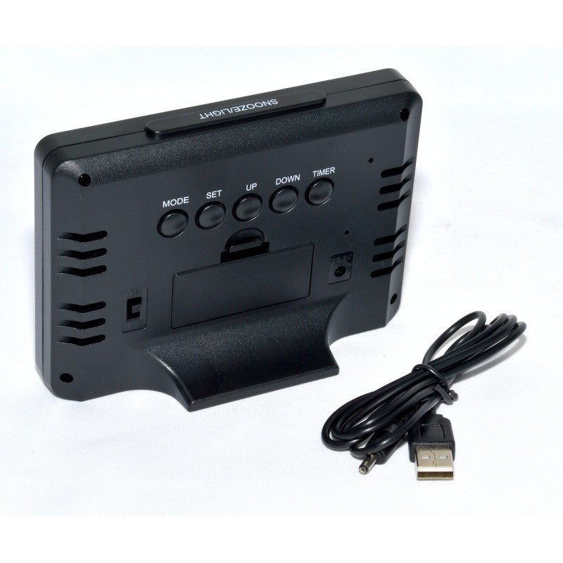 Spatele ceasului digital LCD cu butoane MODE SET UP DOWN TIMER si cablu USB inclus