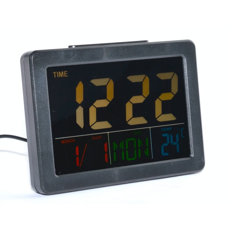 Ceas digital LCD cu alarma, termometru si calendar, display multicolor ora/data/temperatura, negru