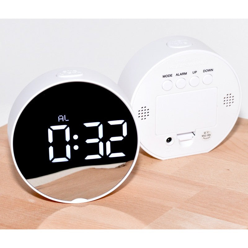 Ceas digital rotund vazut din fata si spate, butoane MODE ALARM UP DOWN vizibile