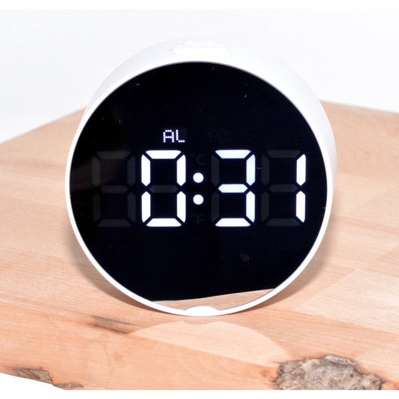 Ceas digital rotund cu afisaj LED alb, cifre mari, alarma programabila