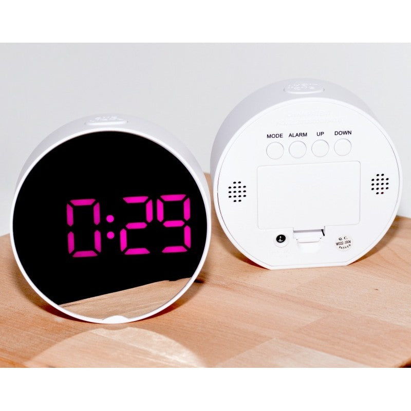 Ceas digital rotund cu display LED mov, vedere fata si spate simultan