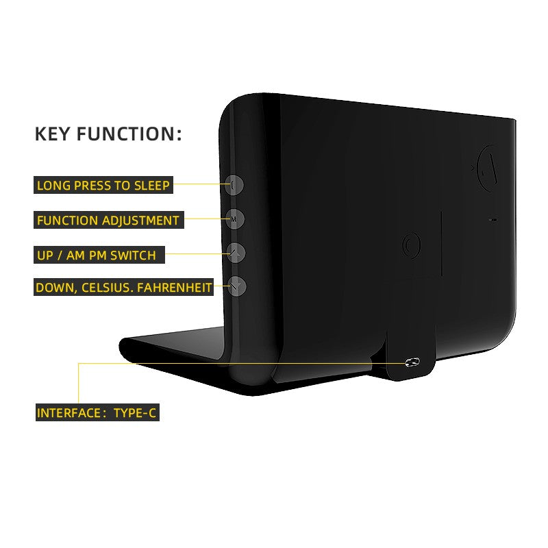 Vedere laterala ceas digital negru cu butoane functionale si port Type-C pentru alimentare