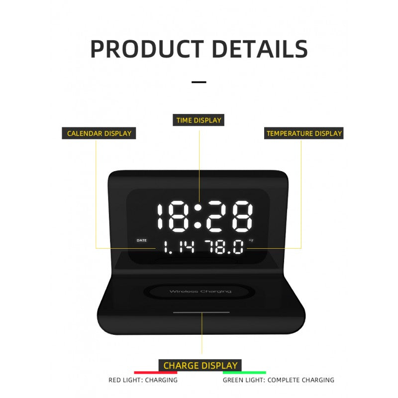 Ceas digital negru cu afisaj LED ora si temperatura, indicator luminos stare incarcare wireless