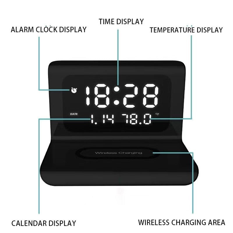 Ceas digital cu zona de incarcare wireless si afisaj complet: ora, alarma, data si temperatura